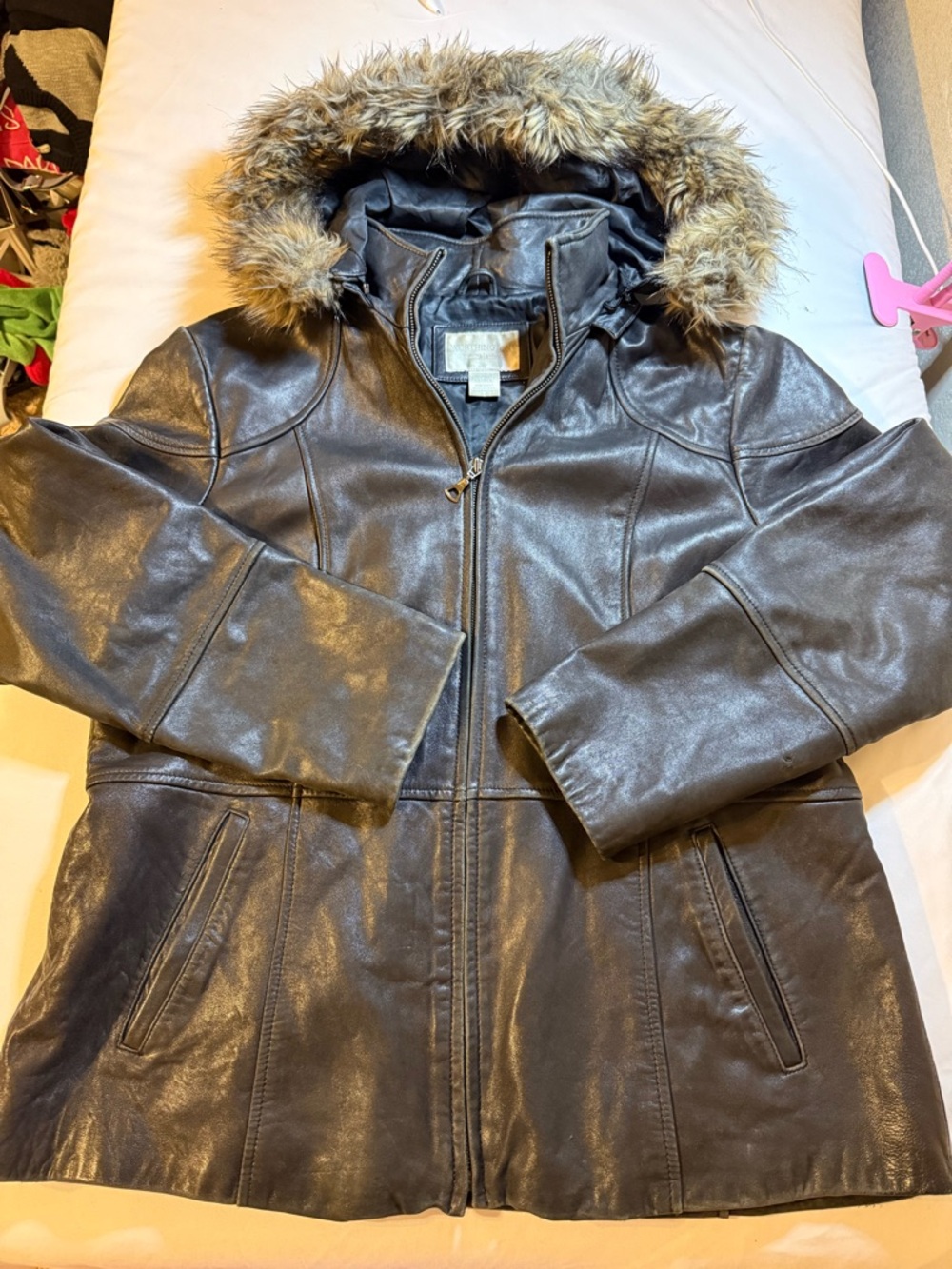 Worthington Black Leather Hooded Jacket with Faux Fur Trim